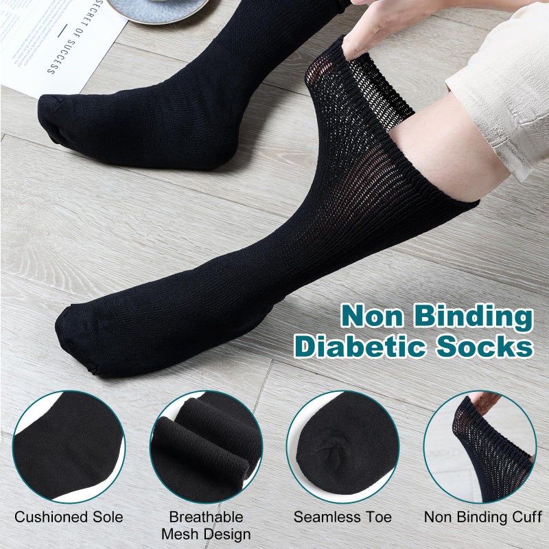 Falari Physicians Approved Diabetic Socks For Men Women Non-Binding Loose Top Wide Crew Length (12-Pack, Black, 10-13) - Image 4